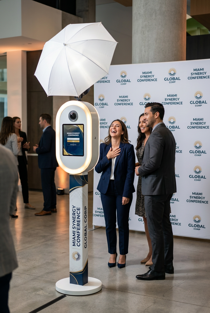 Professionals enjoying a branded DSLR photo booth at a Miami corporate activation
