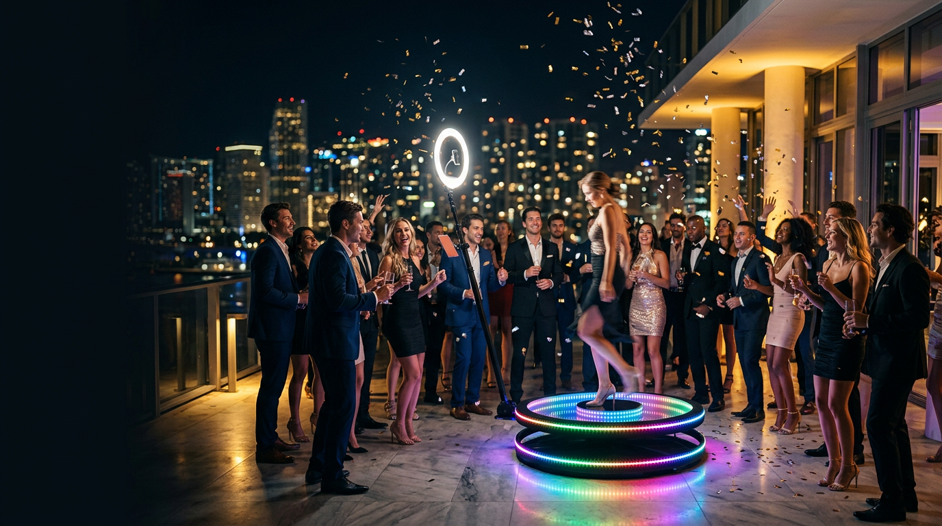Guests celebrating around a 360 photo booth at a Miami rooftop event