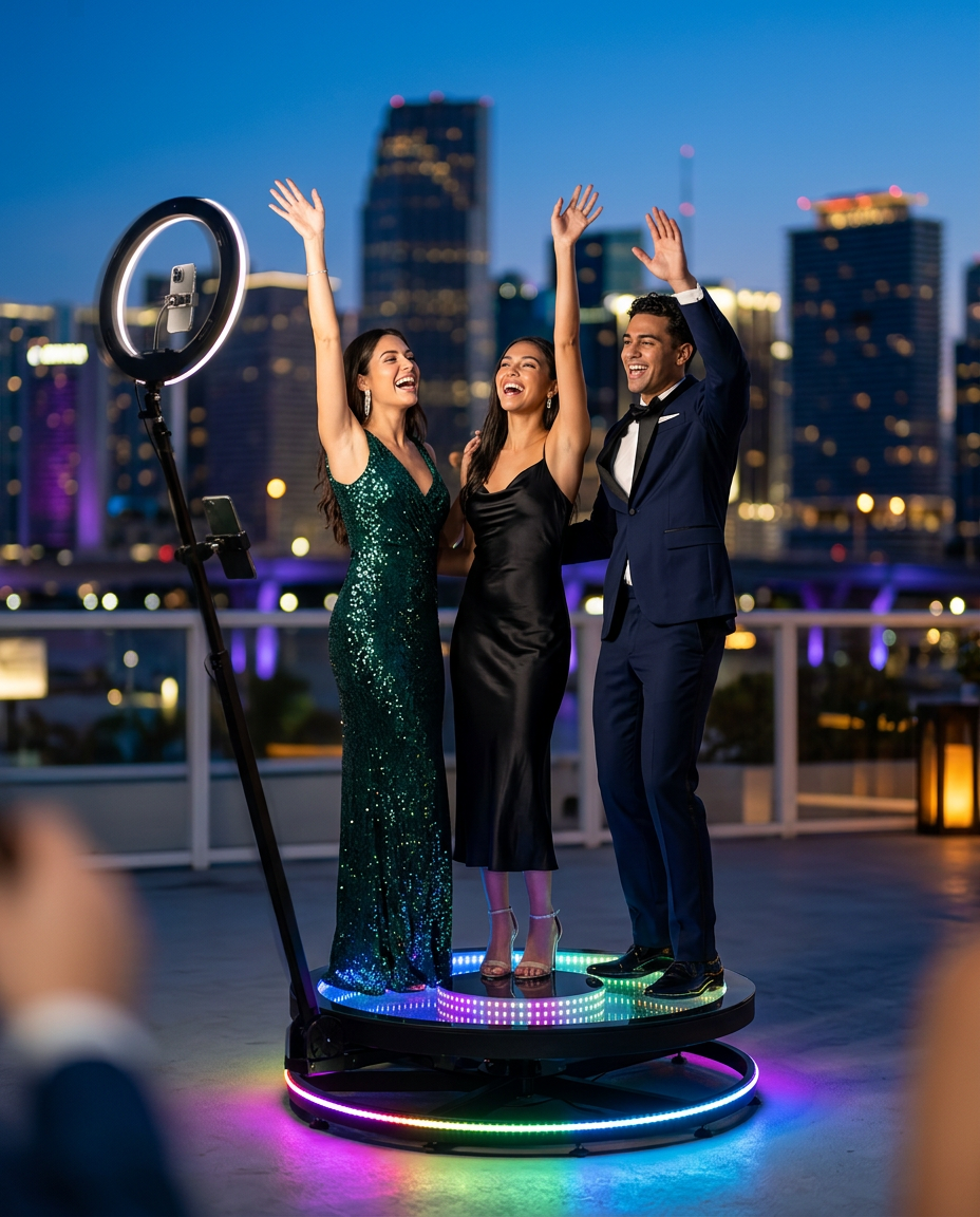 Couple laughing on a 360 video platform at a Miami wedding