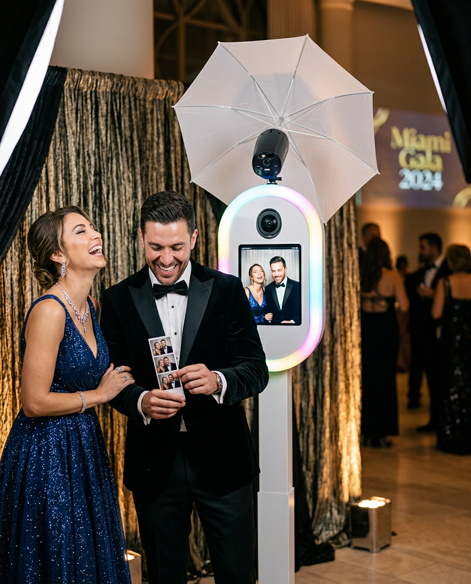 Gala guests holding printed photo strips from a premium print booth
