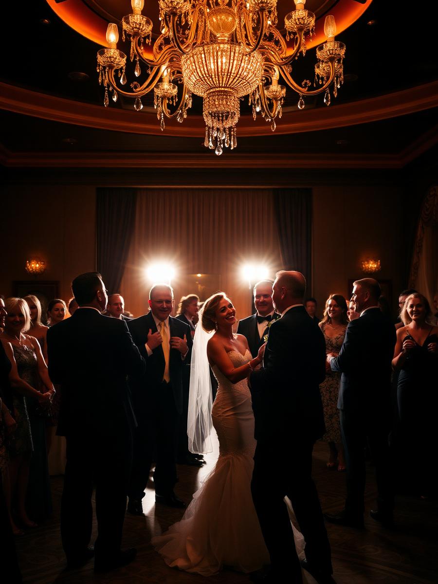 Wedding guests dancing beneath a golden chandelier