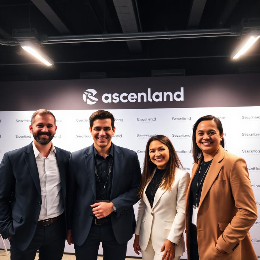 Team smiling in front of a branded backdrop at a corporate activation