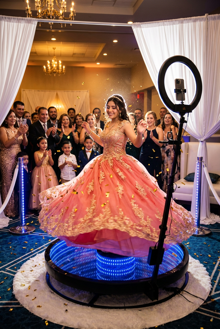 Quinceañera surrounded by cheering friends and gold confetti