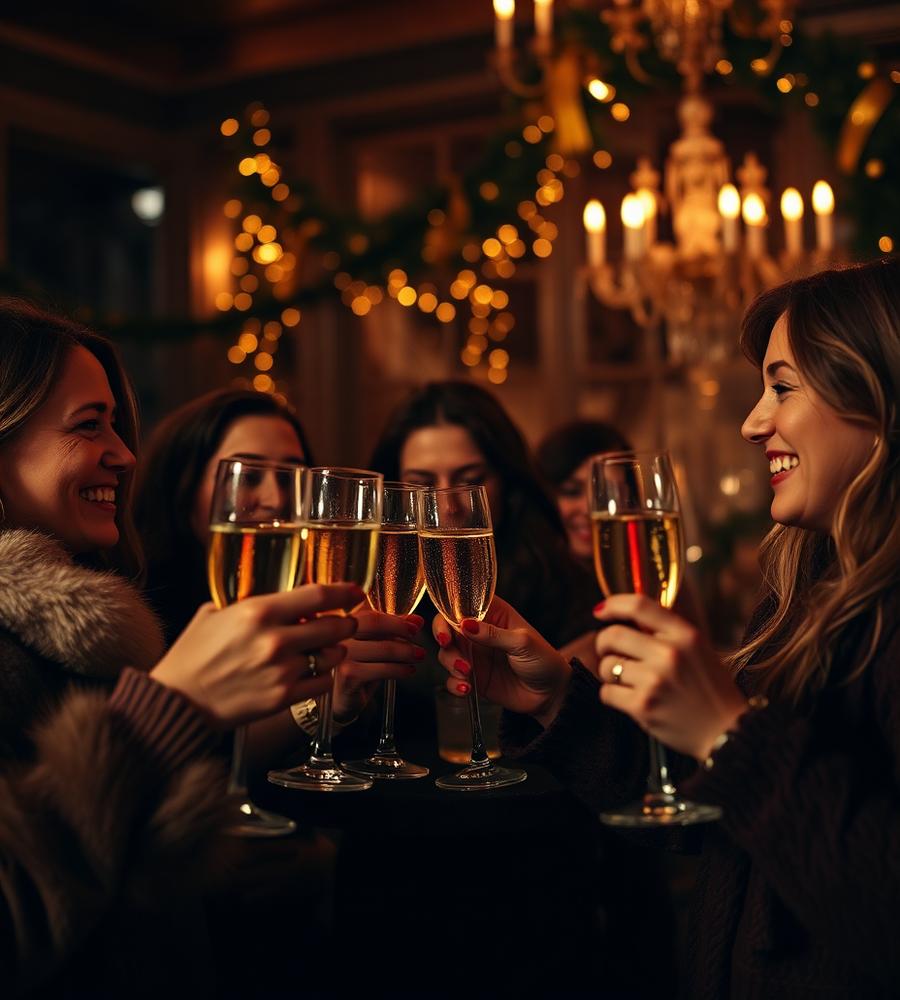 Friends toasting champagne at an elegant holiday party