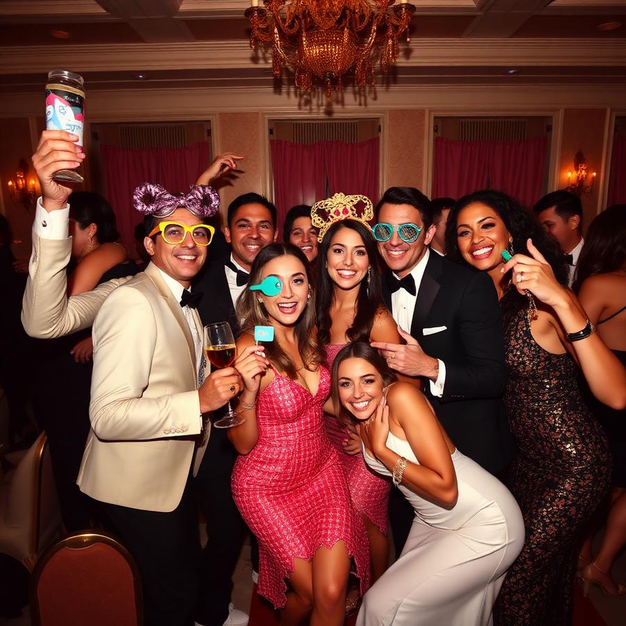 Guests posing with fun props at an upscale celebration