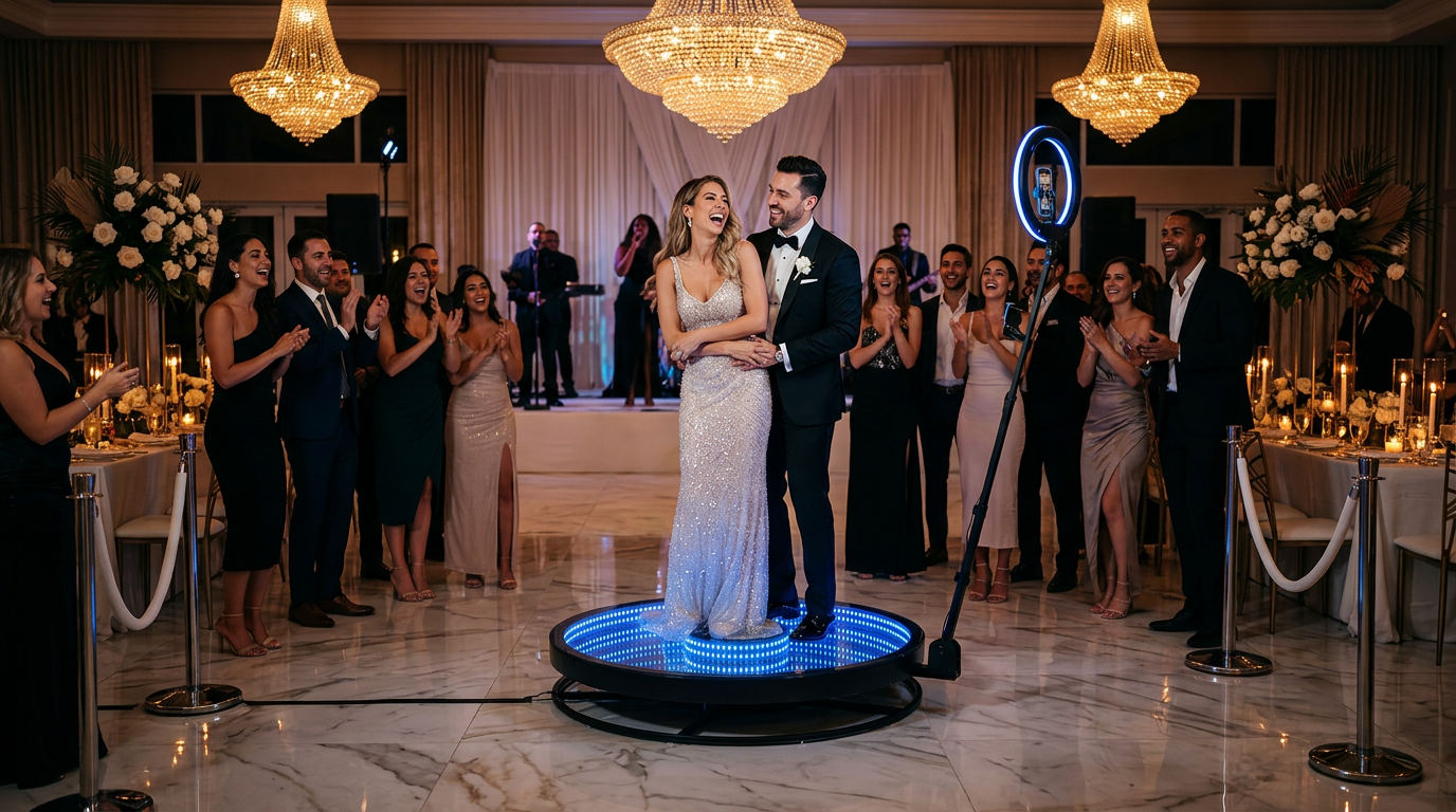 Newlyweds celebrating with guests at a Miami waterfront wedding