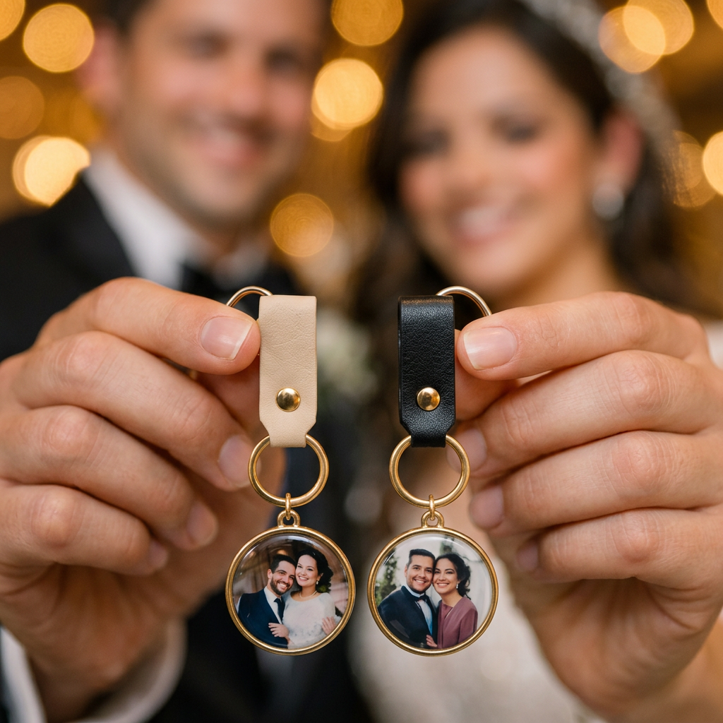 Guest holding a custom printed photo keychain at an elegant Miami wedding